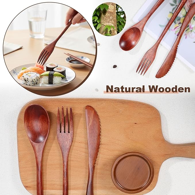 24 Pcs Wooden Utensil Set for Eating Wooden Spoon Fork Knife Wood Cutlery - Image 7