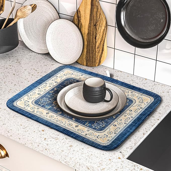 Blue Boho Dish Drying Mat for Kitchen Counter 16x18 Inch Fast Dry Drying Pad - Image 5
