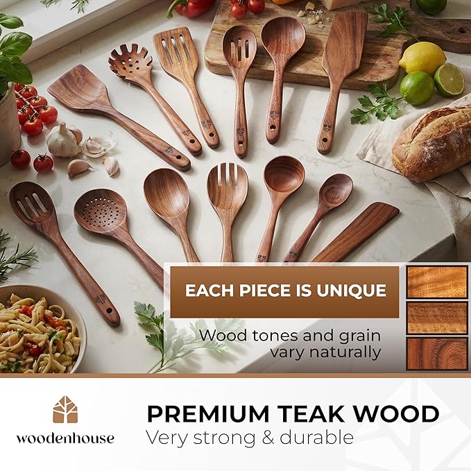 Wooden Spoons for Cooking – 13 Pcs Premium Teak Wooden Utensil Set - Image 2
