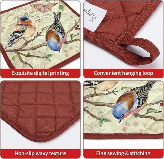 Vintage Bird Oven Mitts and Pot Holders Sets 2Pcs, 100% Cotton Heat Resistant - Image 3