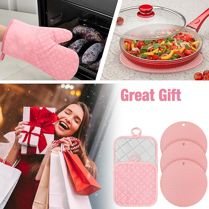 Sumind Pink Oven Mitts and Pot Holders 7 Sets, Heat Resistant Kitchen Gloves - Image 5