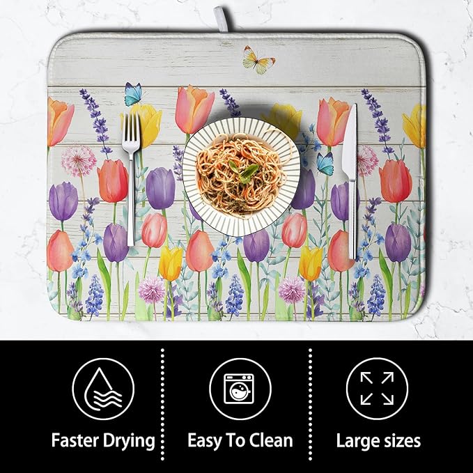 Tulip Floral Dish Drying Mat for Kitchen Counter Watercolor Spring Flower Dish - Image 4