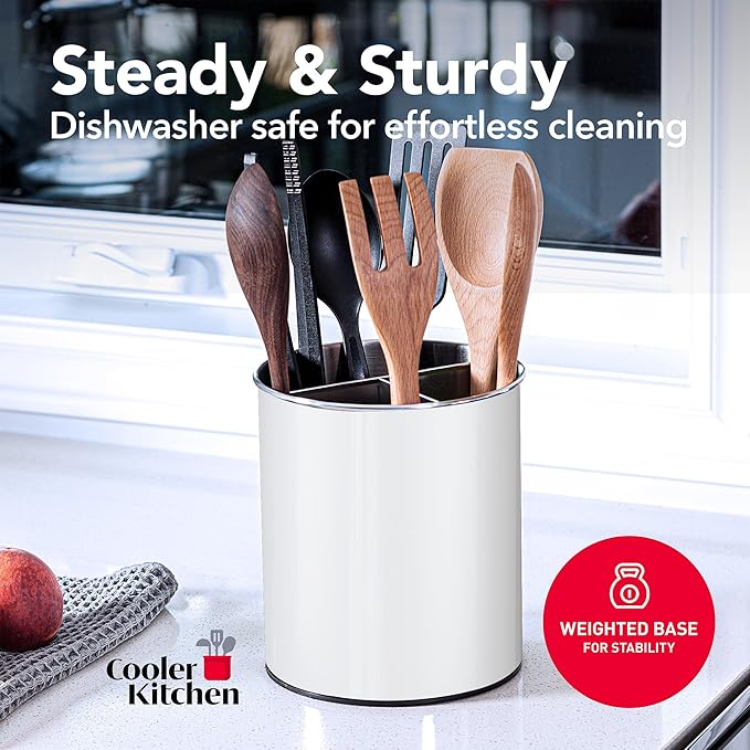 Cooler Kitchen White Rotating Extra Large Stainless Steel Utensil Holder Caddy - Image 4