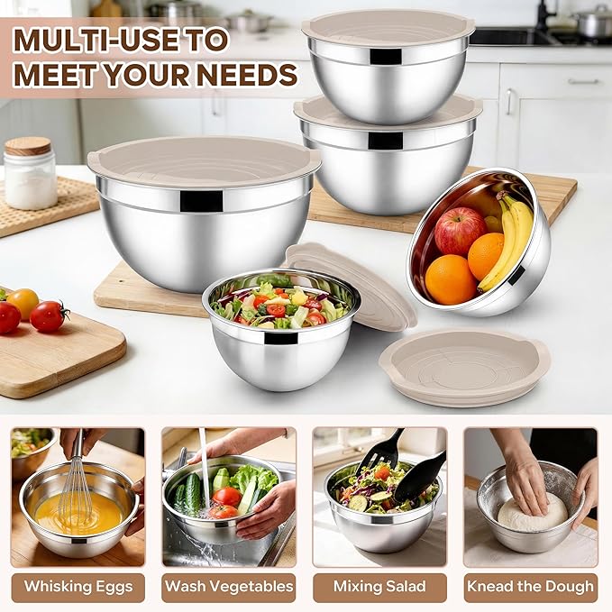 E-far Mixing Bowls With Lids Sets of 5, 10-Piece Stainless Steel Salad Metal - Image 5