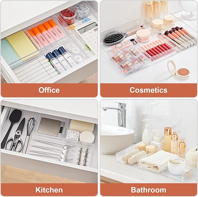 SMARTAKE 6 PCS Clear Plastic Drawer Organizers Set, Large Size Non-Slip Desk - Image 7