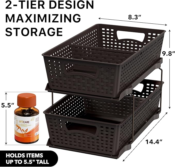 Simple Houseware 2 Tier Bathroom Organizer Tray Pull-Out Sliding Drawer - Image 2
