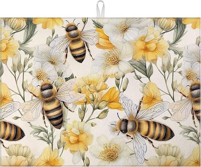 Watercolor Bee Floral Dish Drying Mat by MOUNTANLLY