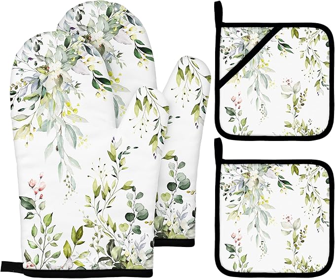 Eucalyptus Leaves Oven Mitts and Pot Holders Sets Sage Green Botanical Floral by Imvertu