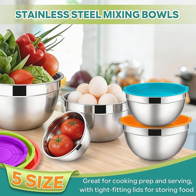 E-far Mixing Bowls With Lids Sets of 5, 10-Piece Stainless Steel Salad Metal - Image 4
