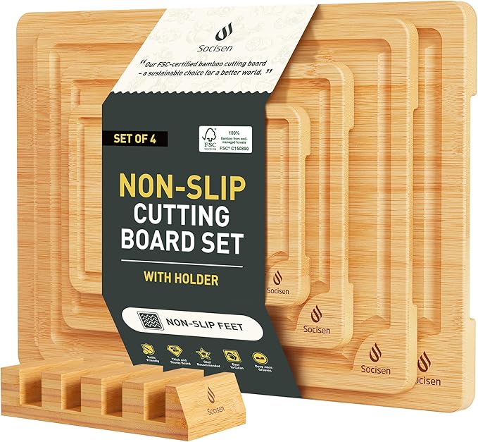 Bamboo Cutting Board Set Non Slip Feet by Socisen
