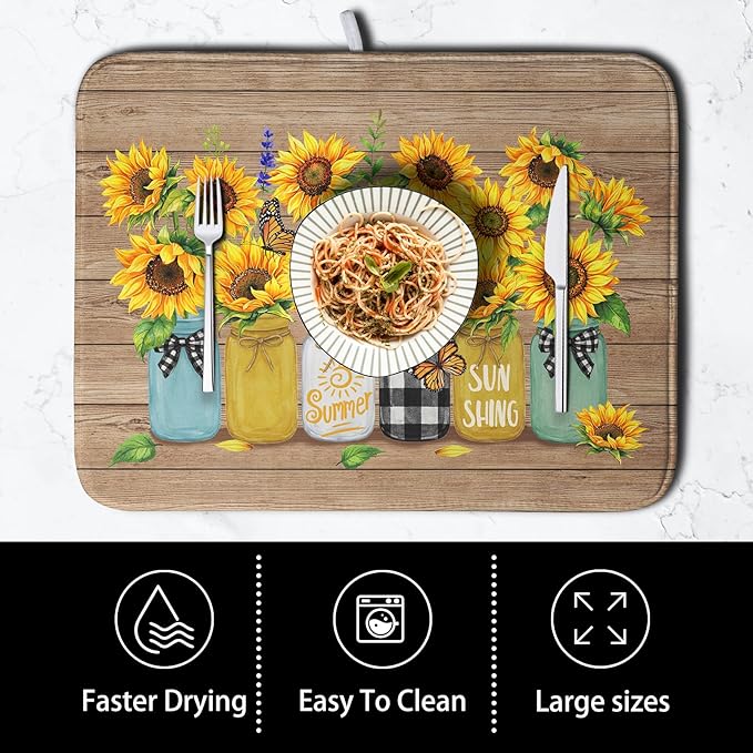 Sunflower Dish Drying Mat for Kitchen 16x18 Inch Counter Rustic Vintage Floral - Image 4
