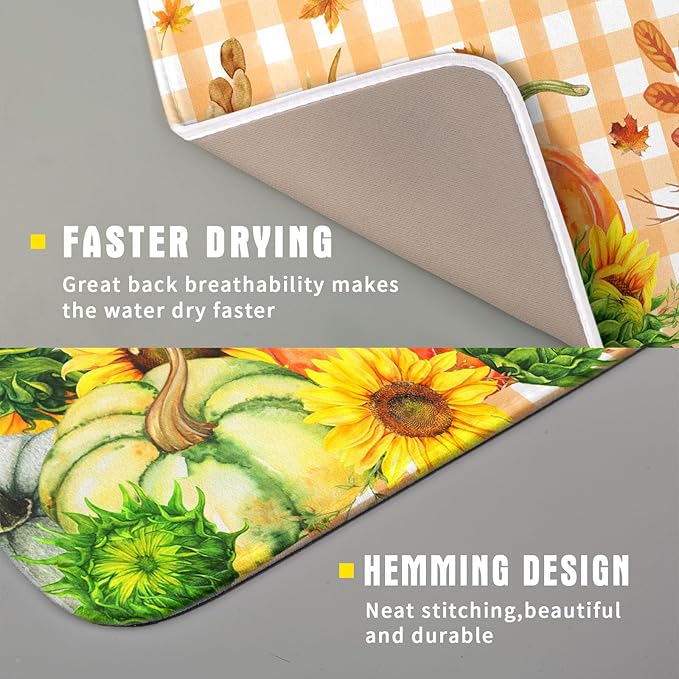 Autumn Maple Leaf Orange White Check Plaids Dish Drying Mat - Image 3