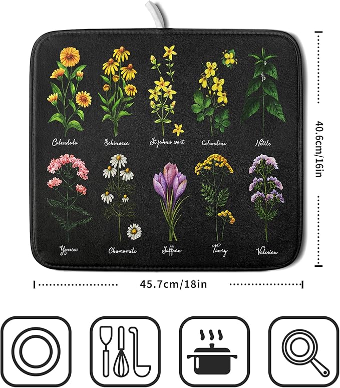 Black Flower Herbs Dish Drying Mat 16x18 Inch Botanical Floral Microfiber - Image 2