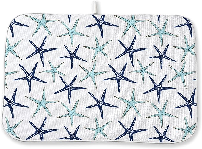 Coastal Dish Drying Mat 18x24 Inch Summer Navy Blue Teal Turquoise Starfish by DAFENA