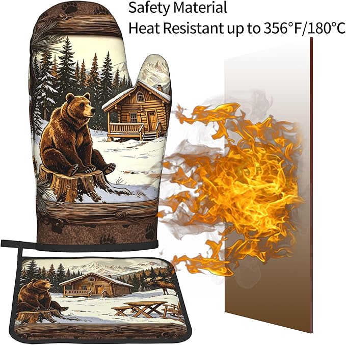 Vintage Oven Mitts and Pot Holders Sets Rustic Cabin Kitchen Gloves Bear Hot - Image 5