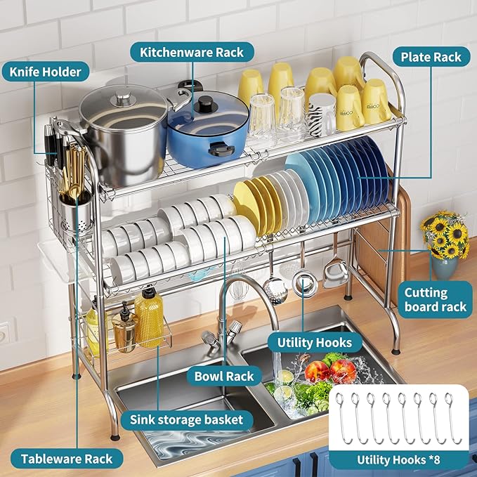 HOWDIA Stainless Steel 2-Tier Over The Sink Dish Drying Rack - Image 5