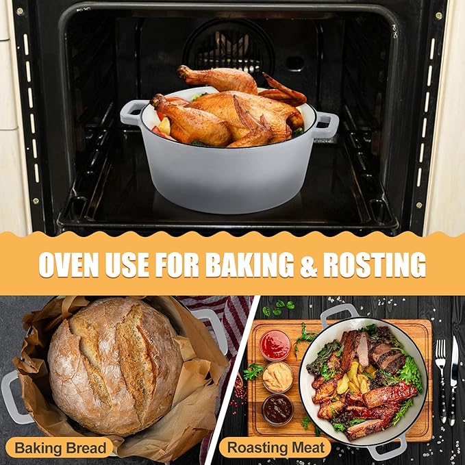 P&P CHEF 5Qt Dutch Oven Pot for Bread Baking, 2 In 1 Round Cast Iron Dutch Oven - Image 4