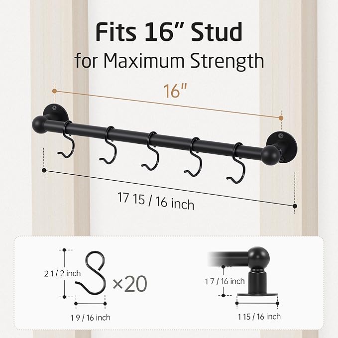 KES 110lb High-Capacity Pot Rack Wall Mounted Set of 2, 16 Inch Pot Hangers - Image 6