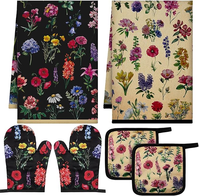 Bencailor 6 Pcs Vintage Wildflower Kitchen Towels Oven Mitts and Pot Holders by Bencailor