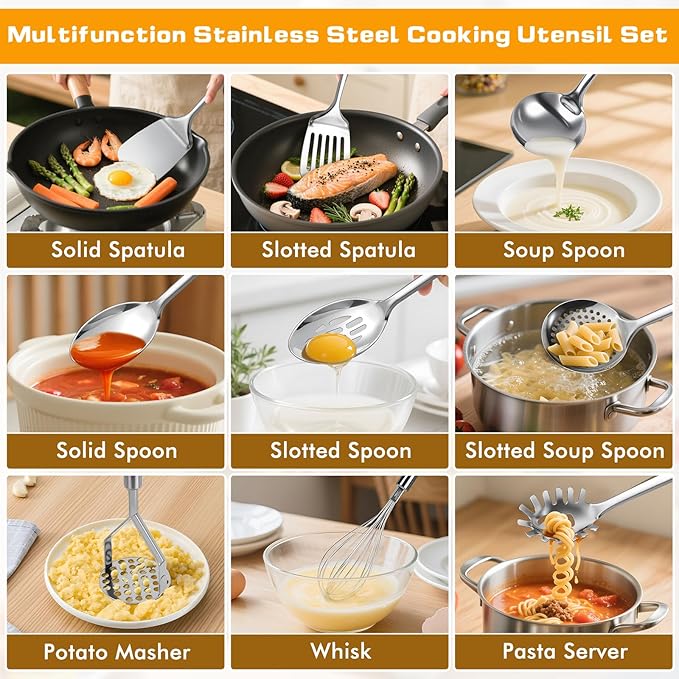 9 Pcs Cooking Utensils Set, Stainless Steel Kitchen Utensils, Heat Resistant - Image 2