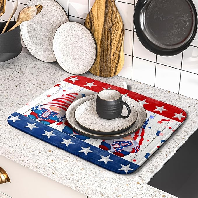 Giwawa 4th of July Gnomes Dish Drying Mat 16x18 inch Patriotic Elf Usa Stars - Image 5