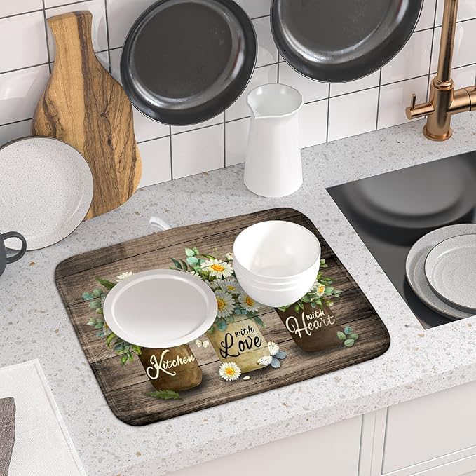 Flower Vase Dish Drying Mats 16x18 Inch Rustic Wood Reversible Microfiber - Image 6