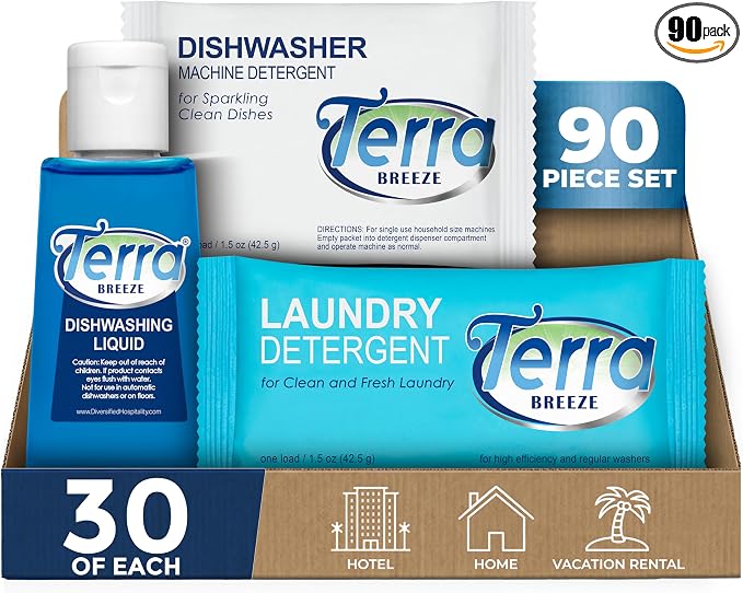Terra Breeze Laundry & Dish Soap Amenity Kit, 90-Piece | Bulk Toiletries, Hospitality Supplies, Hotels, Resorts, Vacation Rentals, guest amenities, hotel room essentials, motels