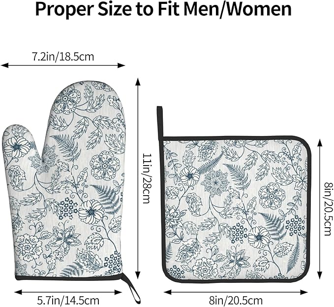Blue Floral Oven Mitts Set – Vintage Pot Holders Kitchen Gloves - Image 3