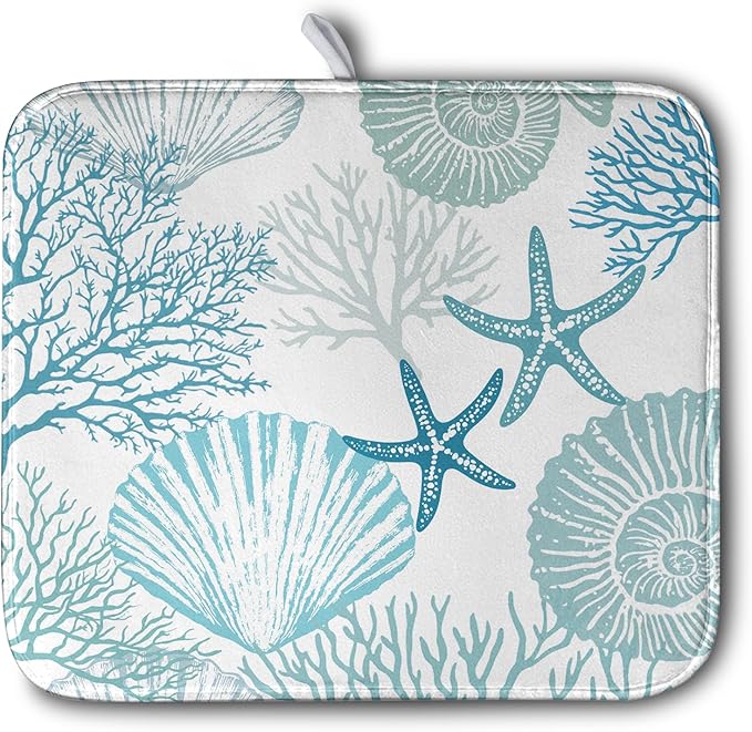Summer Blue Dish Drying Mat for Kitchen Counter Nautical Coastal Teal Dishes by Kwlegh