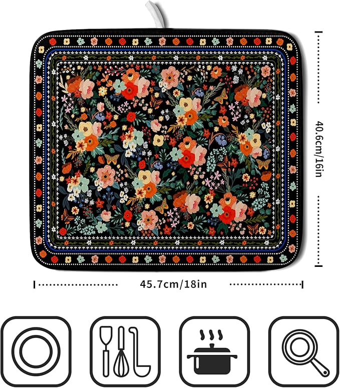 Black Flowers Dish Drying Pad Boho Floral Washable Microfiber Kitchen Mat - Image 2