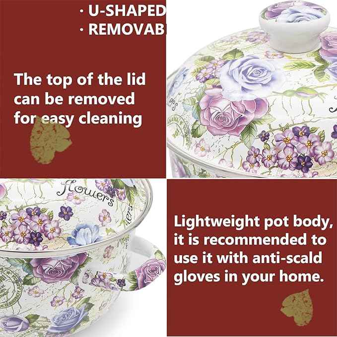 Enamel Stockpot with Lid, 2.5 Quart Retro Cooking Pot, Vintage Floral Stew Bean - Image 4