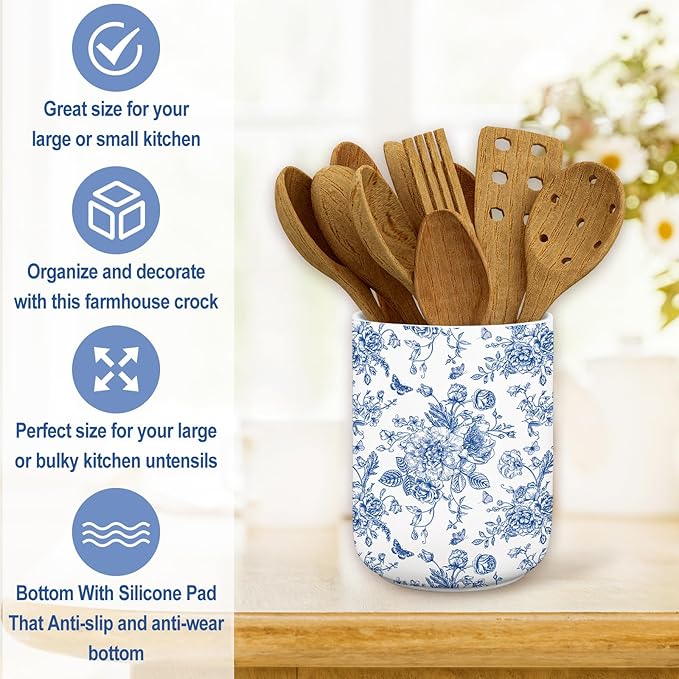 JarThenaAMCS Chinoiserie Floral Ceramic Utensil Holder Blue Flower Butterfly - Image 5