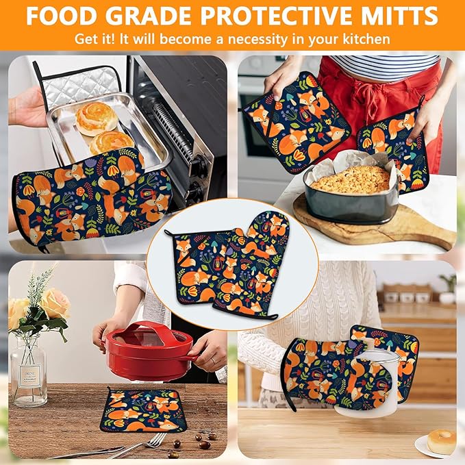 Cute Fox Oven Mitts and Pot Holders Sets 4Pcs, Extra Long Oven Gloves Potholder - Image 7