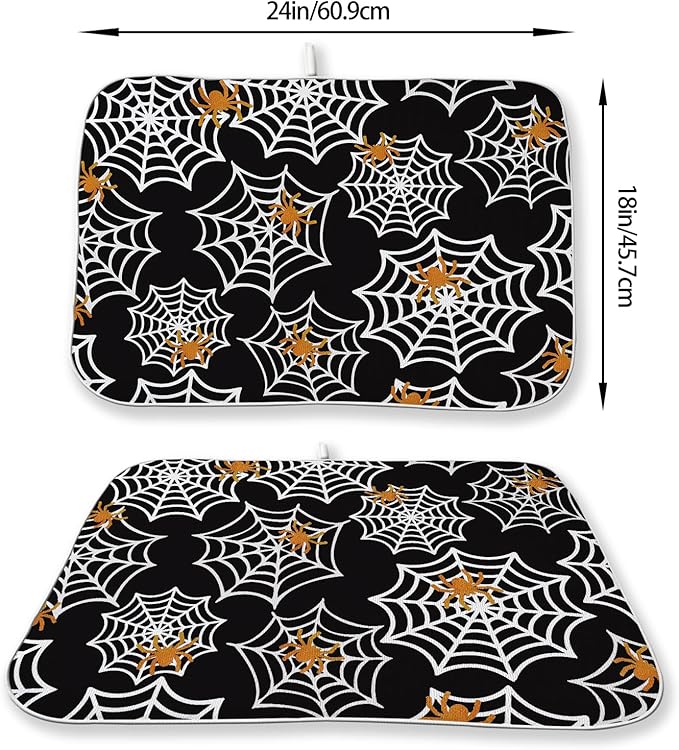 Halloween Dish Drying Mat 18x24 Inch Black Orange Golden Spider Webs Drying Mat - Image 2