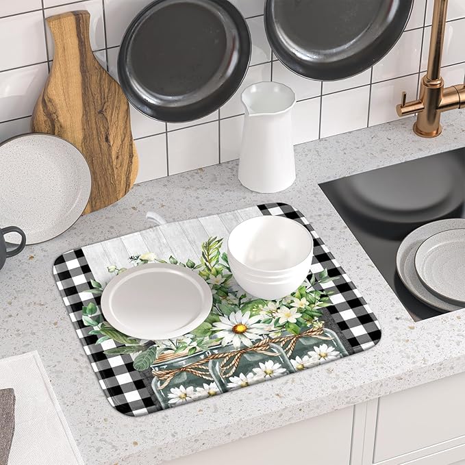Spring Summer White Daisy Flowers Dish Drying Mat - Image 6