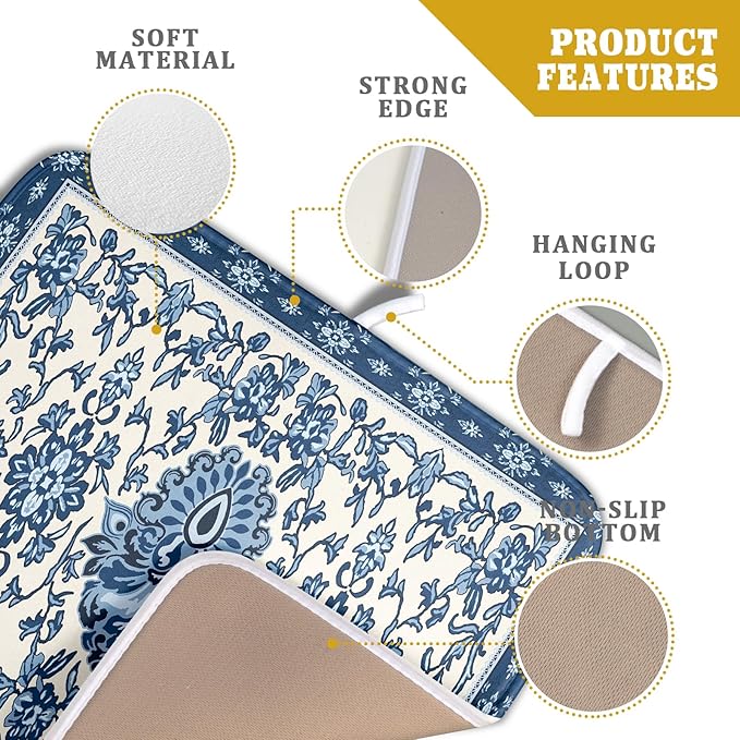 Blue Floral Dish Drying Mat for Kitchen Counter 16x18 Chinoiserie Flower Print - Image 4