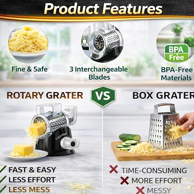 Manual Rotary Cheese Grater for Kitchen, Vegetable Slicer, 3-in-1 Hand Crank - Image 9