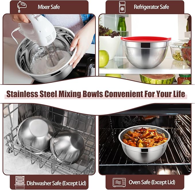 P&P CHEF Red Mixing Bowls with Lids, Stainless Steel Salad Nesting Bowl - Image 6