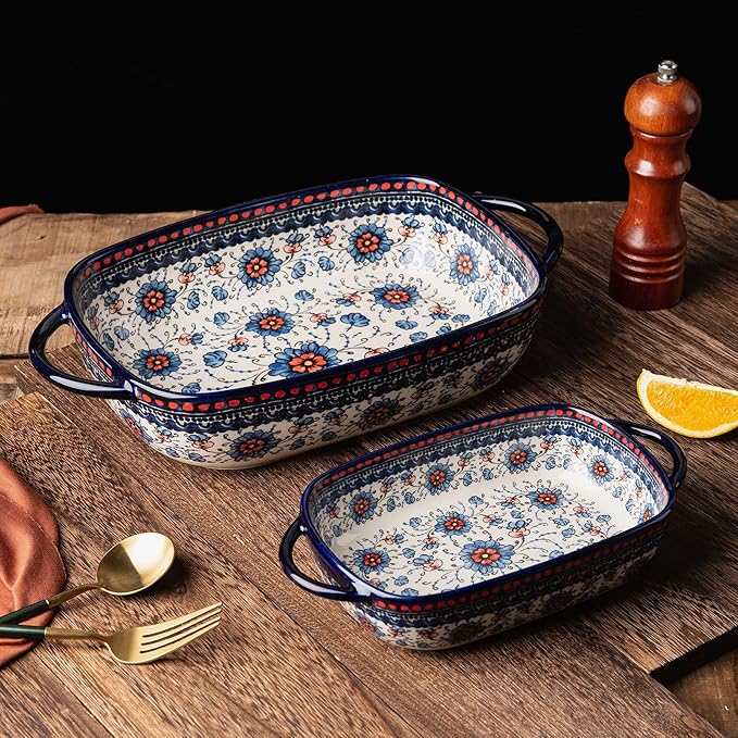 Baking Dish Ceramic Baking Pan Blue Casserole Dish Rectangular Baking Set 2pcs - Image 5