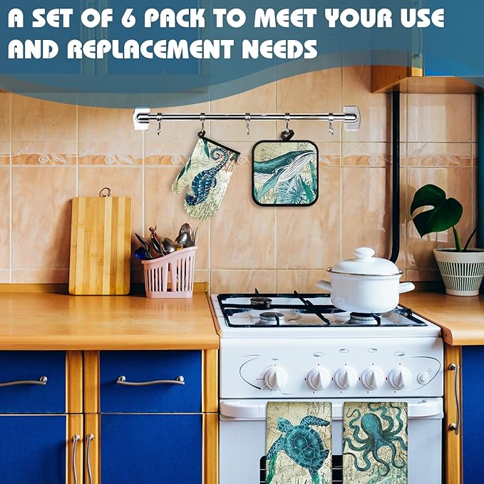 6 Pcs Sea Ocean Beach Kitchen Towels Pot Holders and Oven Mitts Set Coastal - Image 6