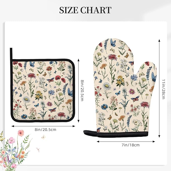 Vintage Floral Oven Mitts and Pot Holders 3Pcs, Retro Floral Silicone Oven - Image 2