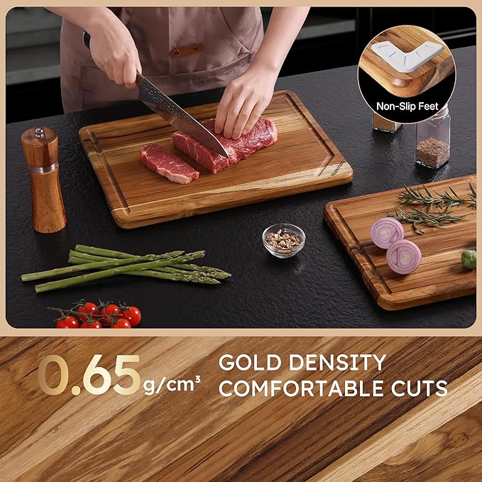 2 Pack Teak Wood Cutting Board Set Non Slip Over Sink Charcuterie Board Serving - Image 5