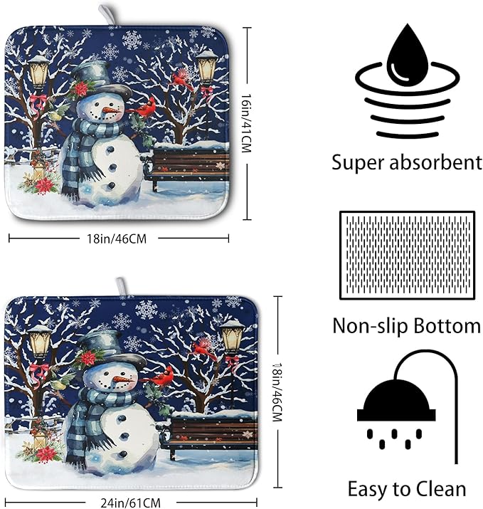 Winter Snowman Dish Drying Mat for Kitchen Counter 18x24, Xmas Snowflakes Dish - Image 2