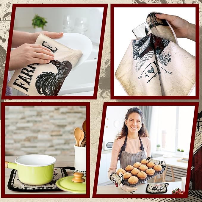 Leinuosen 6 Barn Farm Farmhouse Kitchen Decor Dish Towels Oven Mitts and Pot - Image 6