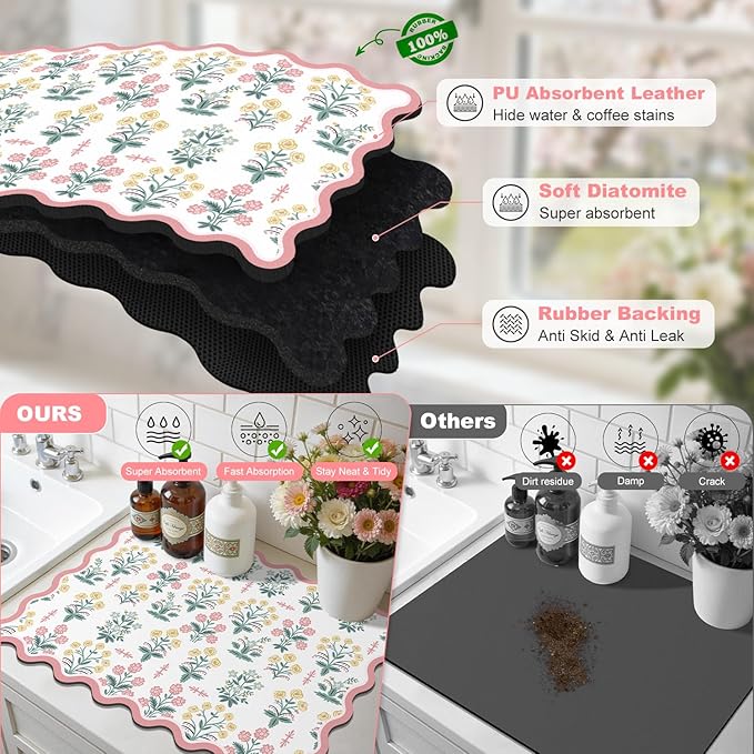 LOKHOM Scalloped Floral Dish Drying Mat, Cuttable Hide Stain Non-slip Drying Mat - Image 6