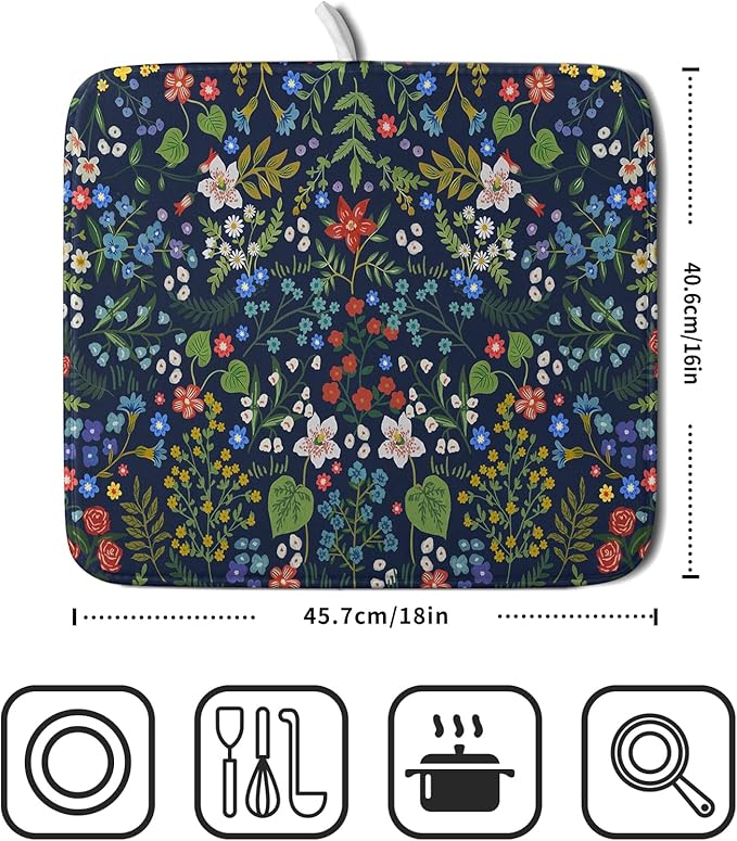 Flower Floral Dish Drying Mat Microfiber Navy Blue Absorbent Drying Pad - Image 2