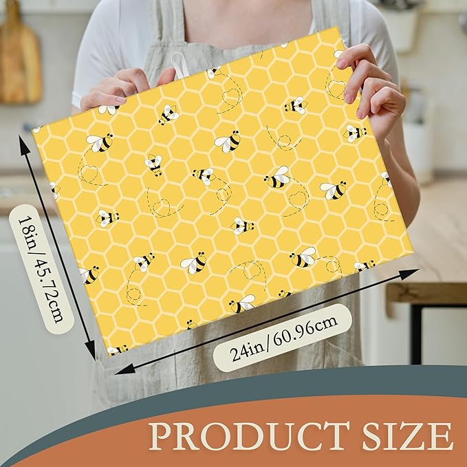 Yellow Bees Dish Drying Rack Mats Decor, Honey Honeycombs Dish Pad Drying Mat - Image 2