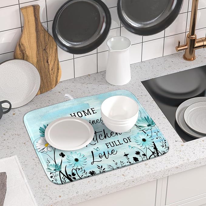 Blue Daisy Dish Drying Mat 16x18 Inch Love Kitchen Absorbent Microfiber - Image 6