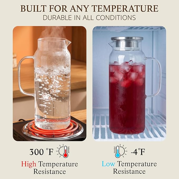 2 Pack Glass Pitcher with Lid and Handle, 68oz 2 Liter Borosilicate Glass Water - Image 6