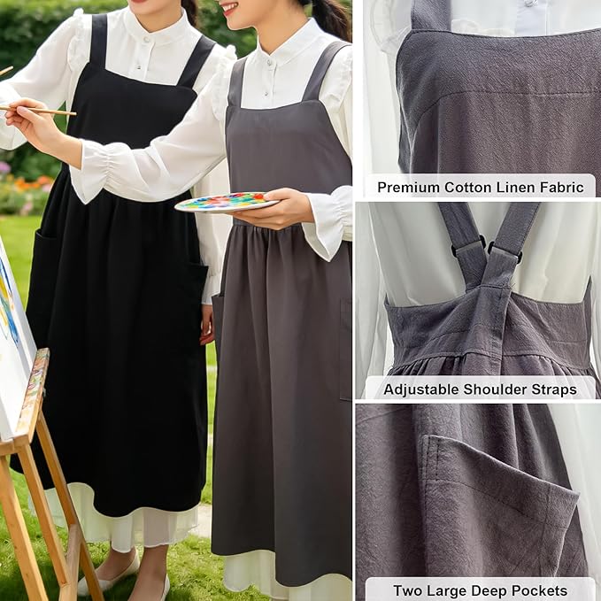 Uaussi Cotton Linen Apron Cross Back Work Apron - Image 2